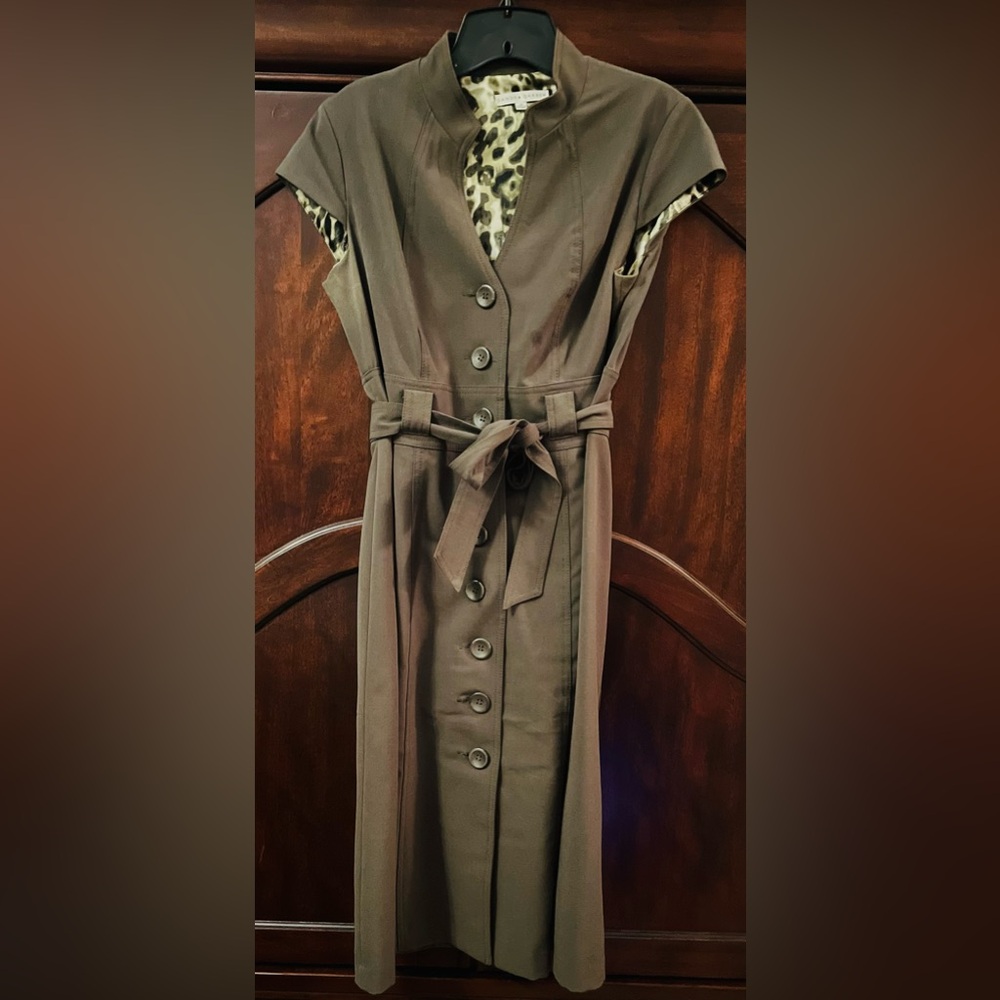 Sandra Darren Army Green Midi Dress with Leopard Accents